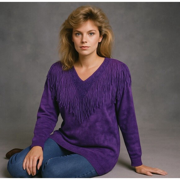 Art Express Sweaters - Vintage Art Express Purple Tie‎ Dye Sweater One Size Fringe 80s Glam Western USA